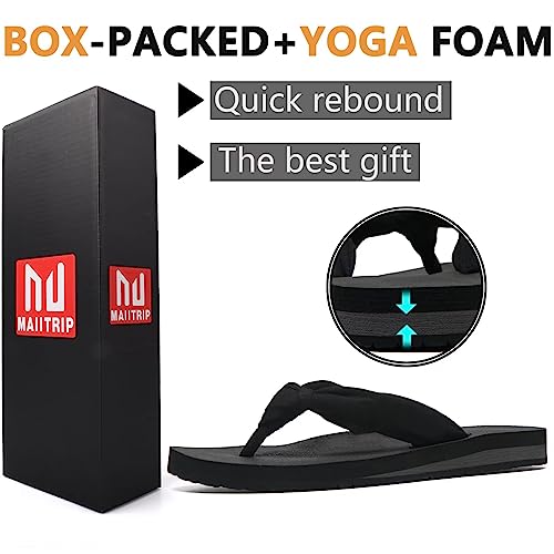 Maiitrip Womens Flip Flops Summer All Black Ladies Thong Sandals Comfortable Best Durable Yoga Mat Footbed Flipflops With Soft Cushion Arch Support Cloth Stap Size 8.5 #TOP5