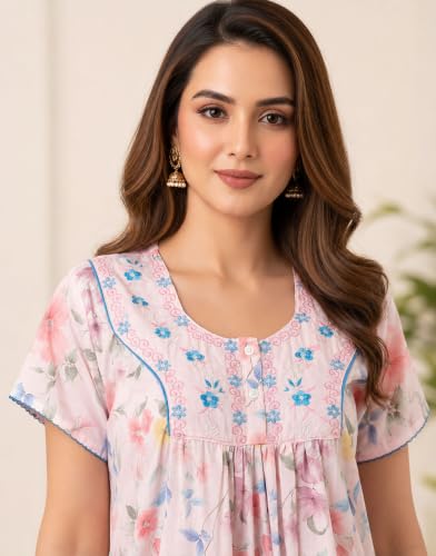 Image of Nighty| Nighty for Women Stylish| Night Gown for Women Stylish| Lightweight & Breathable Lizzy Bizzy Fabric| Elegant Embroidery Detailing| Digital Print|