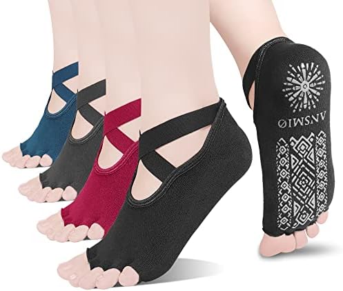 ANSMIO 4 Pairs Half Toe Pilates Socks for Women Non-Slip Grip Yoga Socks Ideal for Pilates, Barre, Ballet, Fitness