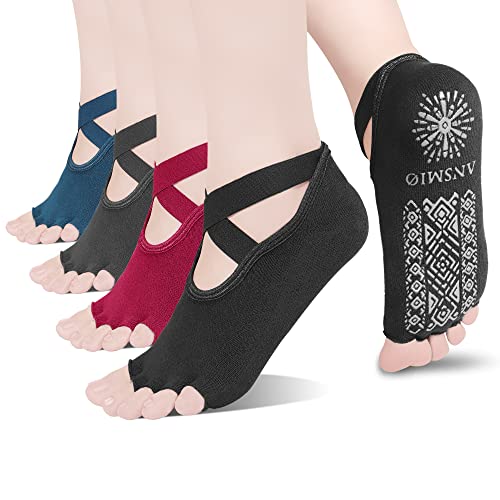 ANSMIO Fünf-Zehen-Pilates-Socken für Damen, rutschfeste Griff-Yoga-Socken, ideal für Pilates, Barre, Ballett, Fitness, 4 Paar Halbzehen - Schwarz/Marineblau/Grau/Burgunderrot Cover