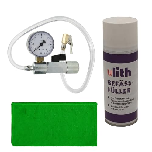 HEIMWERK global -Set Gefäßfüller 400ml mit Adapter für Ausdehnungsgefäße mit Absperrung und Manometer 0-6 bar inkl. HEIMWERK global Microfasertücher Reinigungstuch 40×40 cm