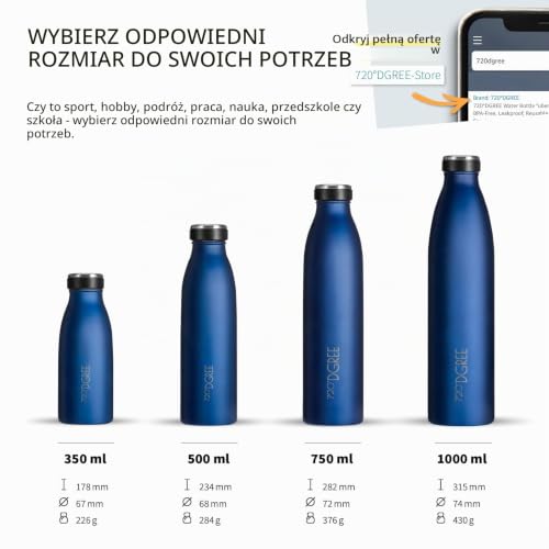 720°DGREE Butelka na wodę ze stali nierdzewnej "milkyBottle" – 500 ml, wolna od BPA, szczelna, termoizolacyjna, napój gazowany, sport, szkoła, siłownia, na zewnątrz