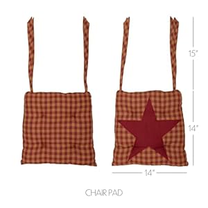 VHC Brands Star Cotton Primitive Tabletop Kitchen Tie Back(s) Appliqued Square Chair Pad, King, Burgundy Red VHC Brands Star Cotton Primitive Tabletop Kitchen Tie Backs Appliqued Square Chair Pad King Burgundy Red