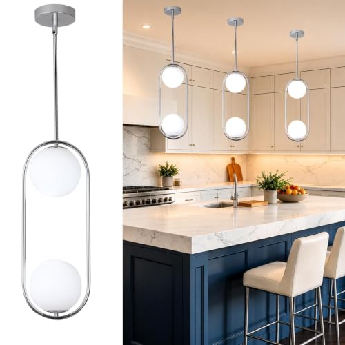 SeeU Chrome Pendant Lighting Fixture with Globe Glass Lampshade 2-Lights
