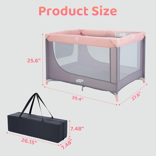 Image of Pamo Babe Compact Pack and Play - Portable Crib for Baby, Lightweight Foldable Travel Playard with Mattress Pad & Carry Bag, Safe Breathable Travel Bed for Home, Trips & Family Visits, Pink