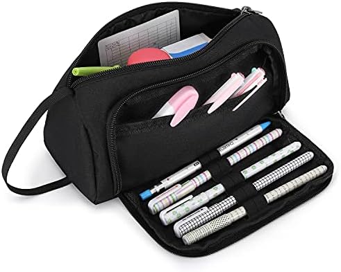Della Gao Big Capacity Pencil Case, Multifunctional Pencil Pouch with Handheld Unisex Nylon Storage Pen Bag Roomy Office Stationery Organizer for Men and Women Adults - Black