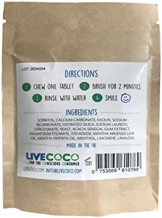 LiveCoco Toothpaste Tablets, Fluoride-Free, Teeth Whitening Tabs for Clean Teeth and Fresh Breath, Vegan and Travel Friendly, Peppermint Flavor, Pack of 60 Tabs