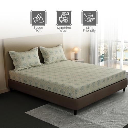 Image of Layers 100% Cotton Fitted Sheet for King Size Bed | Lumina Floret Collection | 144 TC Soft & Breathable | Printed with 2 Pillow Covers | Wrinkle Free & Colorfast | 3 Pc Bedding Set - Blue & Yellow