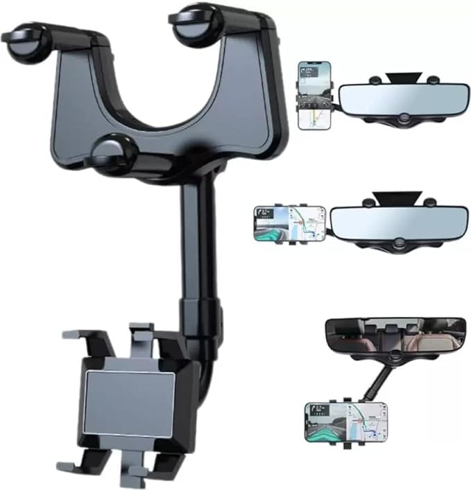 JOMINO Multipurpose Car Phone Holder That Rotates and Retracts 360 Degrees (Upgraded) Rear-View Mirror Universal Phone Mount Support All Smartphone Models (Black)