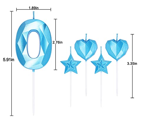 Blue Number 0 Candles And Star Heart Candles 2.76 Inch Number Candles For Birthday Cakes 3D Diamond Shaped For Cake Decorations(Blue Candle 0) #TOP2