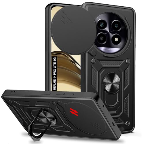 Image of AESTMO Tough Armor Realme 14 Pro Lite 5G Bumper Back Case Cover | Ring Holder & Sliding Camera Shield Cover | 360 Degree Protection Back Case Cover for Realme 14 Pro Lite 5G (Black)