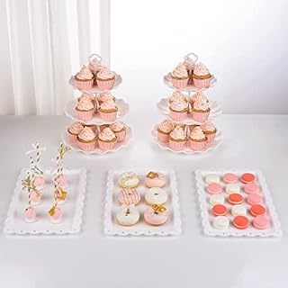 NWK 5 Piece Cake Stand Set with 2xLarge 3-Tier Cupcake Stands + 3X Appetizer Trays Perfect for Wedding Birthday Baby Shower Thanksgiving Christmas New Year Party