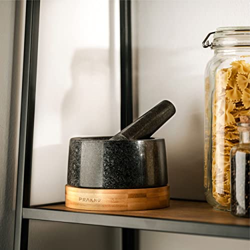 Miniatura 8 de Praknu Mortero Cocina Granito 15 Cm Mano Extra Larga Base Elegante De Madera Fsc Perfecto Para Especias, Hierbas O Nueces Fácil De Limpiar Grande
