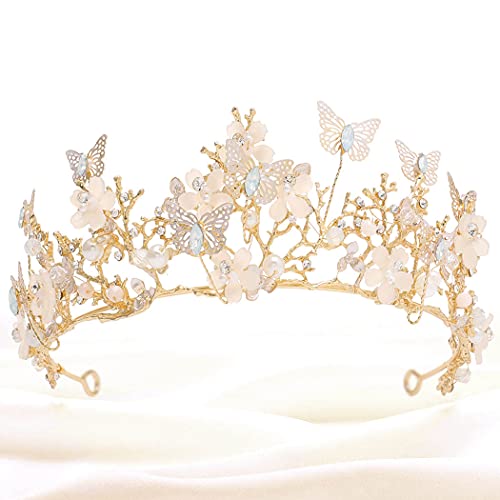 Kilshye Queen Crown Gold Tiaras and Crowns Butterfly Rhinestone Tiara Vintage Bridal Wedding Crown Pageant Costmue Prom Headpiece for Women and Girls (Gold)