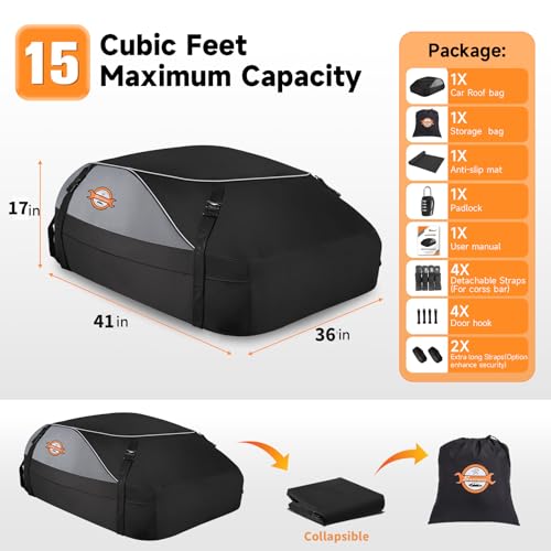 Sailnovo Rooftop Cargo Carrier Roof Bag,15 Cubic feet Soft Waterproof Car Roof Bag fit Cars with/Without Rack, 4 Tie-Down Straps, 4 Door Hooks, Foldable Car Top Carrier for Road Trip Camping Travel by Sailnovo - Used condition - Image 7