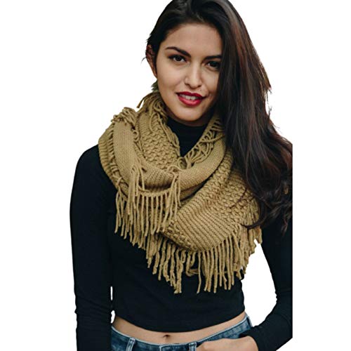 Womens Cozy Winter Knit Pointelle Fringe Tassel Infinity Scarf Loop Warm Fashion Cowl Wrap