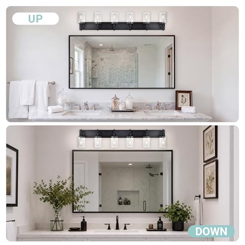 Image of 6 Light Bathroom Vanity Lights - Black Bathroom Lighting Fixtures Over Mirror with Clear Glass Shades, Modern Farmhouse Wall Sconces Lighting Vanity Fixture