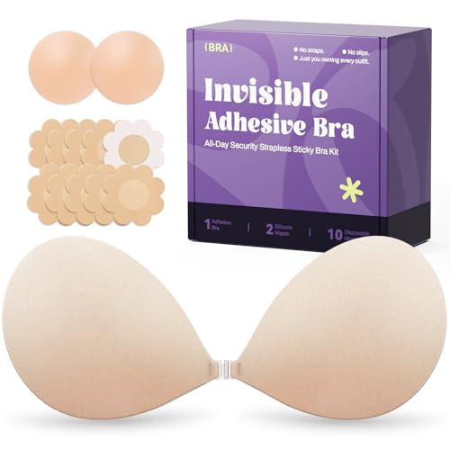 Invisible Strapless Sticky Bra Push up for Women, Ultra Adhesive Bra for Backless Dress, Cleavage...