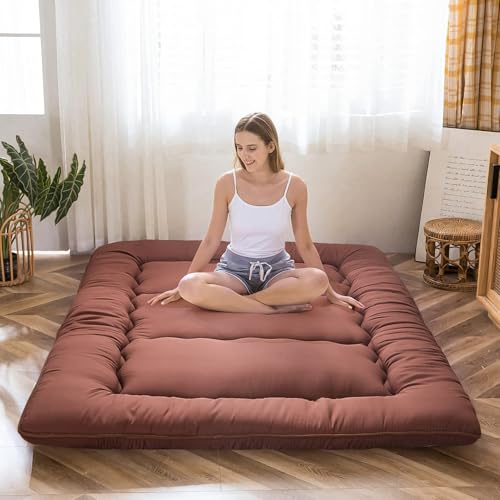 Image of MAXYOYO Japanese Floor Mattress Futon Mattress, Thicken Tatami Mat Sleeping Pad Foldable Roll Up Mattress Boys Girls Dormitory Mattress Pad Kids Floor Lounger Couches and Sofas, Coffee, Twin Size