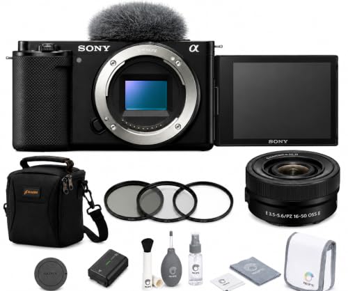 Sony ZV-E10 APS-C Mirrorless Vlogging Camera with 16-50mm II Power Zoom Lens, Shoulder Bag, UV | CPL | ND Filter Kit, Complete Cleaning Kit, 1-Year Sony Warranty, Black