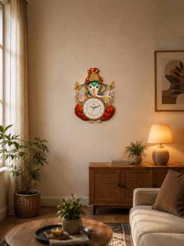 Image of Ajanta Wall Clock 33 x 30 cm, Decorative MDF Wooden Clock, Printed Ganesha God Design, Tic-TOC Movement for Home Decor