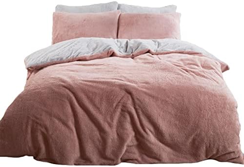 Brentfords Reversible Teddy Fleece Duvet Cover with Pillow Case Supersoft Fluffy Thermal Warm Soft Bear Bedding Set, Blush Grey - King