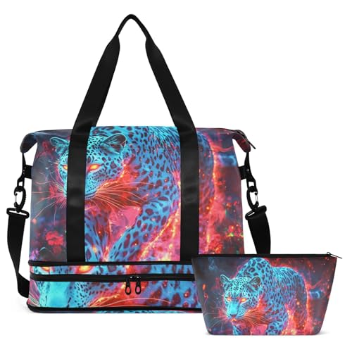 Turquoise Leopard Overnight Travel Duffel Bag Overnight Carry On Tote and Luggage with Toiletry Bag for Travel Large Capacity2