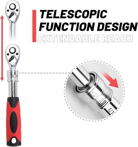 AEE® 72 Diş 1/2 İnç Teleskopik Cırcır Anahtarı 32-45 cm Uzatılabilir – Hızlı Bırakmalı Ayarlı Cırcır Kol – Ekstra Uzun Ağır Hizmet Lokma Anahtarı, Profesyonel Oto Tamir El Aleti - Görsel 2