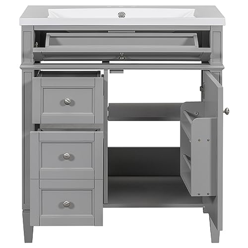 Lifeand, Modern Storage Cabinet with 2 Tip-Out Drawer, Single 30'' Bathroom Vanity with Top Sink, Grey