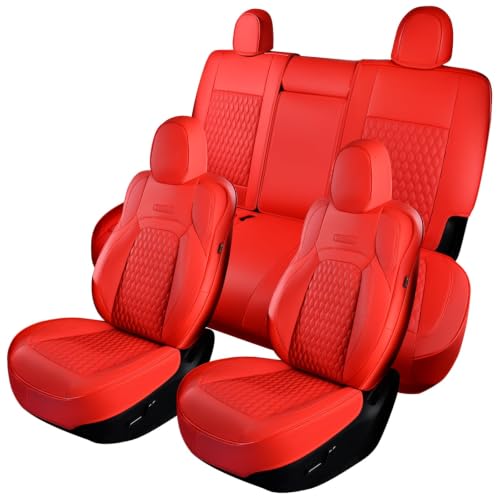 Image of Coverado Car Seat Covers for Tesla Model Y, Car Seat Covers Full Set 5 Seater, Leatherette Car Seat Covers Front Seats and Back Custom for Tesla Model Y 2020-2026 Red