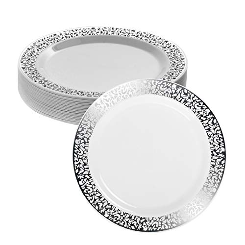 20 Premium Pequeños Platos Multi-Uso de Plástico Duro con Elegante Borde de Encaje Plateado, Platos de Postre, 18cm| Durable y Reutilizable| Vajilla Blanca y Plateada| Bodas Fiestas Cumpleaños.