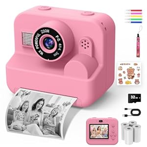 Appareil Photo Instantané pour Enfants - Appareil Photo Selfie pour Enfants 1080P 2,4" avec Papier d'impression et Carte 32 Go, Jouet Cadeau de Noël pour Garçons et Filles de 3 à 12 Ans (Rose)