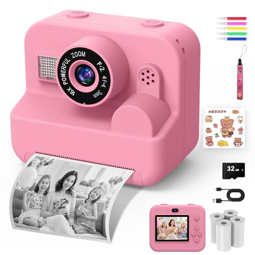 Appareil Photo Instantané pour Enfants - Appareil Photo Selfie pour Enfants 1080P 2,4" avec Papier d'impression et Carte 32 Go, Jouet Cadeau de Noël pour Garçons et Filles de 3 à 12 Ans (Rose)