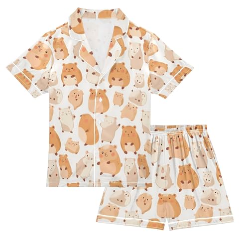 ALAZA Cartoon Happy Capybara Pajamas Satin Pajama Set Short Sleeve Button Down Sleepwear