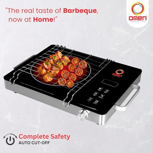 Image of Omen Changing Lives 2000W Infrared Cooktop With Stainless Steel Grill Rack | Crystal Glass | Touch Control | Digital Display | 3 Preset Menus | Adjustable Temperature Knob | 1 Year Warranty (Silver)