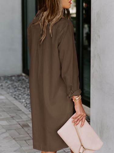 Image of Aoudery Womens Button Down Shirt Dresses with Pockets Cotton Button Up Tunics Long Sleeve Solid High Low Blouse Tops