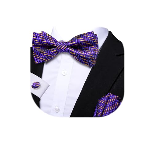Image of Dubulle Mens Paisley Striped Bowtie Set Pre-tied Bowtie for Men and Pocket Square Set Wedding Business