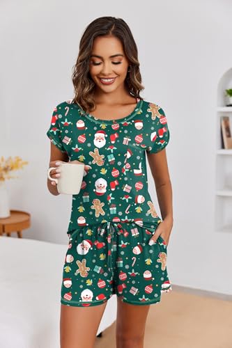 Image of Ekouaer Womens Pajama Sets 2 Piece Soft Short Sleeve Top and Shorts Sleepwear Round Neck Pjs Lounge Set with Pockets Green Christmas Small