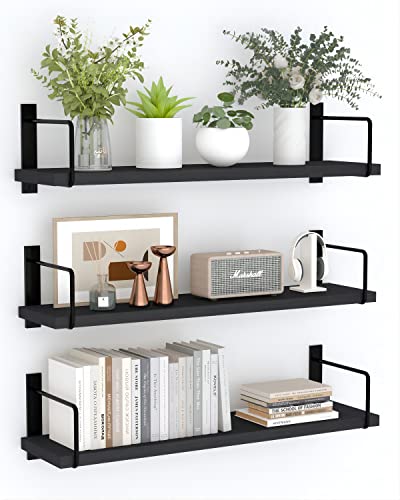 EALLRINEC Floating Shelves, 24 Inches Easy to Install Wall Mounted Shelves, Wall Shelves Set of 3, Rustic Wood Shelves for Wall Décor, Storage Shelves for Living Room (Black)