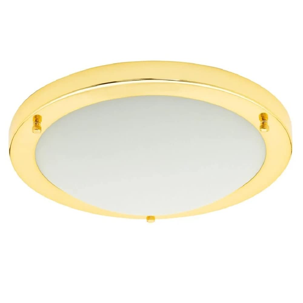 Britalia Polished Brass & Opal White Glass Bathroom Modern Round Flush Ceiling Light | 31cm Diameter | 2 x ES E27 Lamps Required | IP44 Rated | Suitable for Outdoor Use
