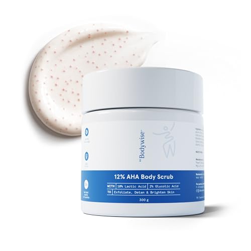 Image of Be Bodywise 12% AHA Body Scrub | Exfoliating Scrub with Glycolic Acid & Lactic Acid | Smoothens Strawberry Skin & Rough Bumps | Oat & Aloe Extract for Hydration | Vitamin E for Skin Protection | 300g