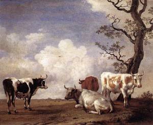 Peinture à l'huile de Four Bulls par Paulus Potter, l'authenticité de l'art sur toile 12x16