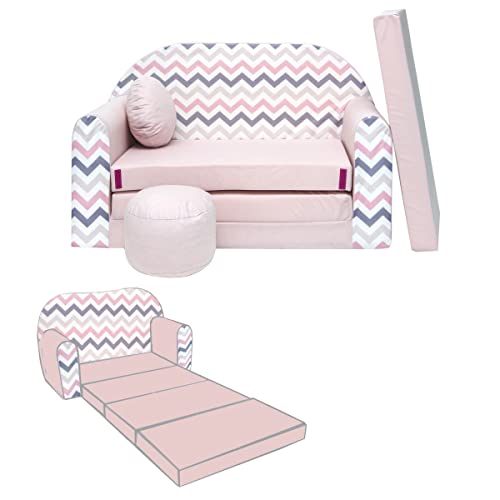 Mon Mobilier Design Nino Canapé Convertible lit pour Enfant avec Pouf et Coussin Oeko-TEX Rose avec Zigzag