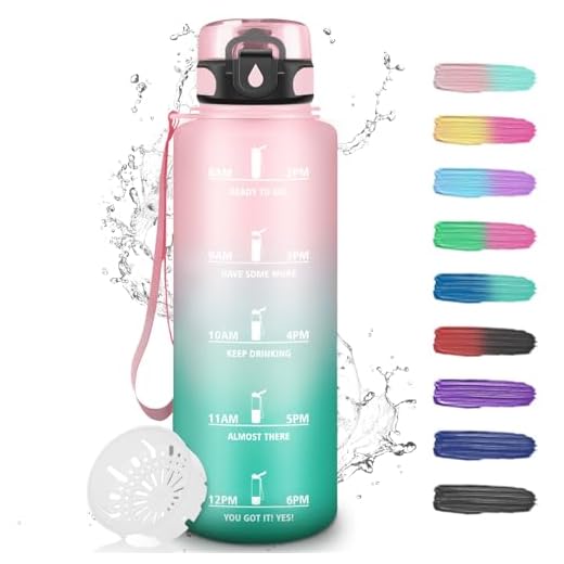 Grsta Trinkflasche, Wasserflasche 1.5 Liter, Sport Wasserflasche mit Filter, Trinkflaschen Fitnessstudio mit Zeitmarkierung, Trinkflasche Auslaufsicher, für Camping, Wandern, Rosa-Cyan