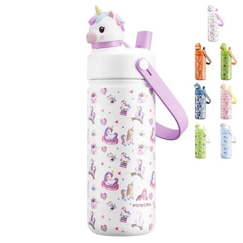POWCAN Kids Water Bottle for School: 2-in-1 Straw Spout Lid with Soft Animal Head Leakproof Backpack Friendly Keep Cold 24H Insulated cup for Sports Trip Holiday Gift Unicorn Starland 18 Ounces