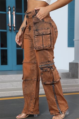 Women's High Waist Baggy Cargo Jeans Zipper Side Slit Straight Wide Leg Stretchy Denim Pants Y2K Streetwear with Pockets4