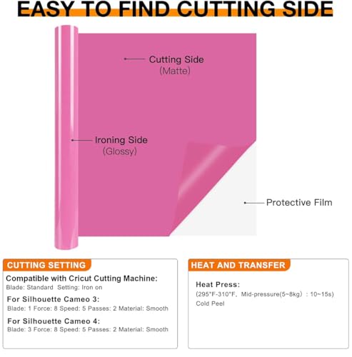 Image of HTVRONT HTV Vinyl Rolls Heat Transfer Vinyl - 12 inch x 8ft Pink HTV Vinyl for Shirts, Iron on Vinyl for All Cutting Machine - Easy to Cut & Weed for Heat Vinyl Design (Pink)