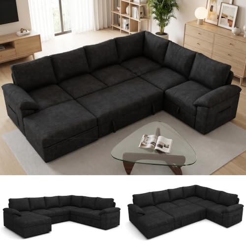 SUAWY 106 Inch Modular Sectional Sofa with Pull Out Bed,L Shaped 5 Seat Sectional Sleeper Sofa with Storage,Sectional Couches for Living Room,Cloud Modular Couch,Removable Sofa Cover, Black