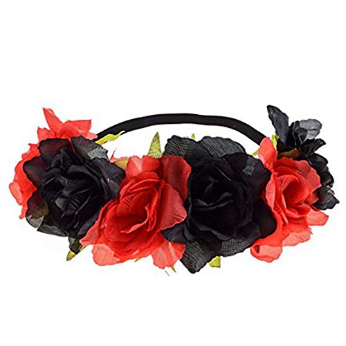 Halloween Rose Skull Headband Flower Crown Hair Bands Wreath Garland Floral Headpiece Women Leaf Hairband Hair Hoops Party Decoration Cosplay Costume Festival Handmade Hair Accessories Black Red #TOP23