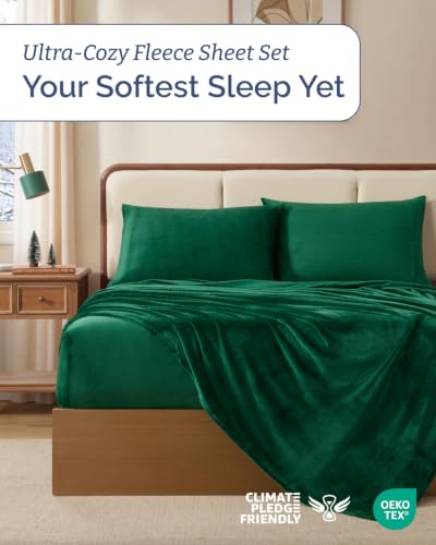 Image of Fleece Sheets Cal King Size Set - 4-Piece Flannel Sheet Set - Forest Green